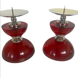 Shlomi Haziza Acrylic Lucite Red Translucent Candle Holder Pair Signed